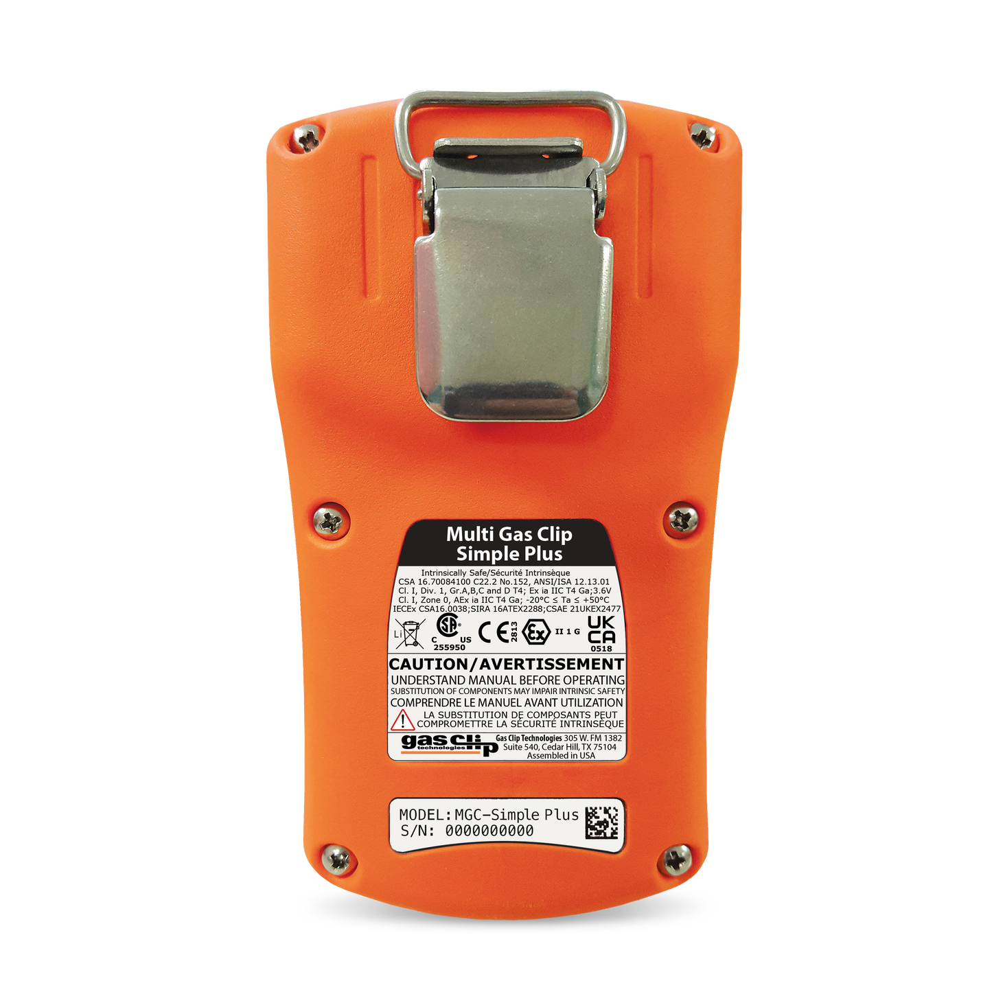 GasClip MGC-S-Plus Multi-Gas Detector - H2S/CO/O2/LEL - 3 Year