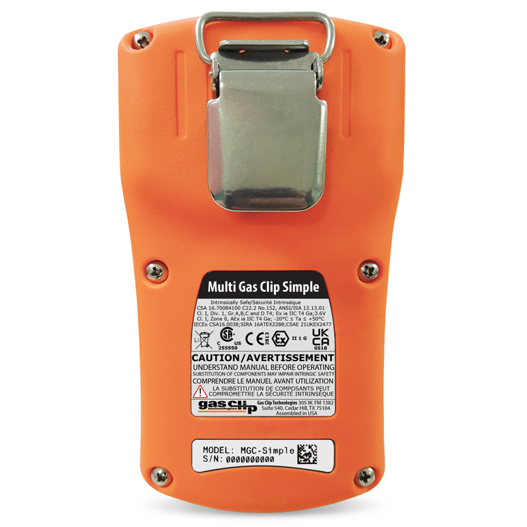 GasClip MGC-S Simple Diffusion Multi-Gas Detector - H2S/CO/O2/LEL - 2 Years