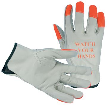 Hi-Vis Leather Gloves with Orange Fingertips - "Watch Your Hands" - (Per Dozen)